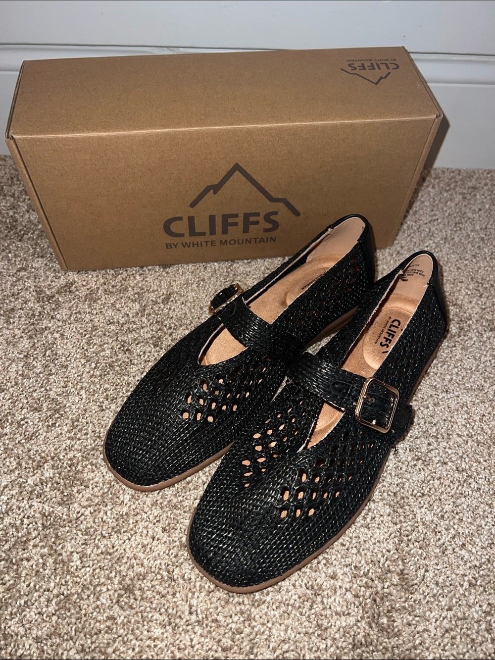 Cliffs by WHITE MOUNTAIN Cordette Black Woven Mary Jane Flats with Buckle